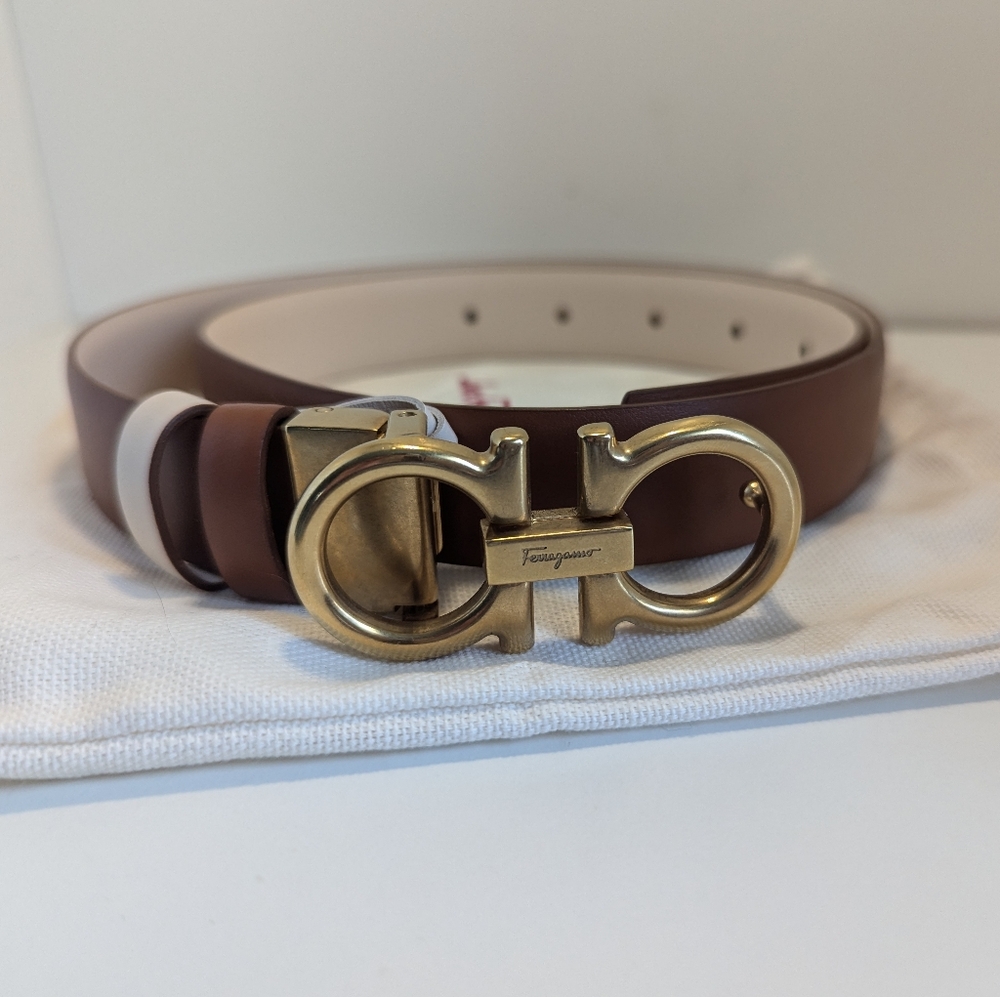 Salvatore Ferragamo Tan/Ivory Reversible Belt